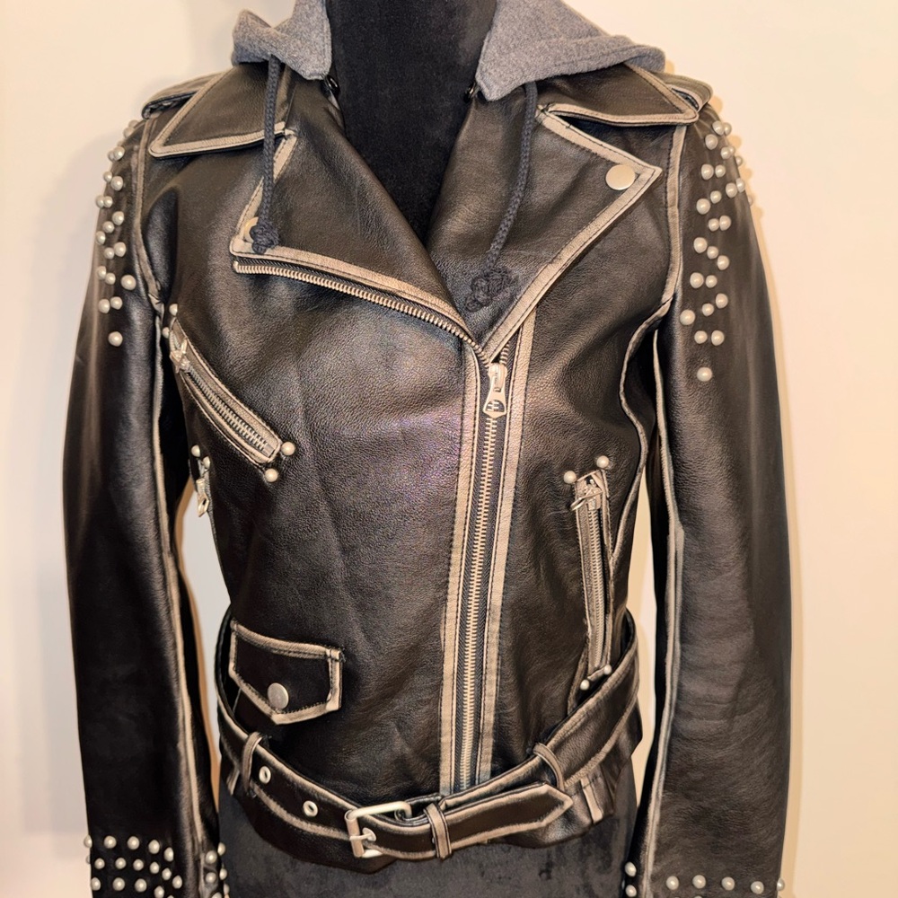 Zara Black Studded Leather Jacket with Gray Accents